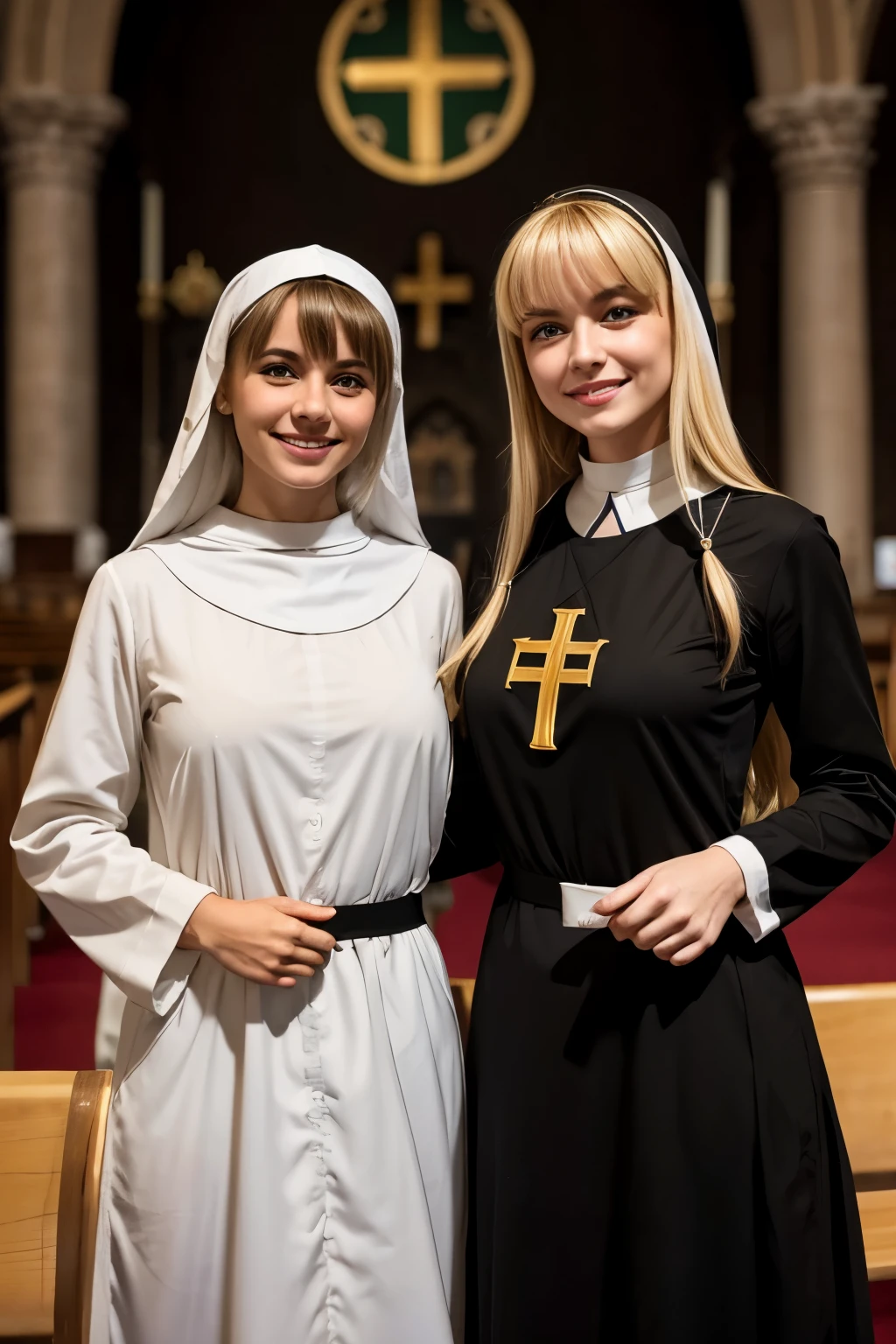 Two beautiful Italian girls、Blonde Hair、Green Eyes、With bangs、Smiling with teeth showing、Beautiful breasts、Slim body、Monastic uniform、Nuns、Standing cuddly、In the church