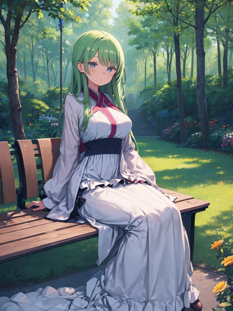 masterpiece, One girl, kuramitsu mihoshi, whole body,Long dress, garden, bench, Flowers, cute, outside, wood, forest, Wizard, Have, Large Breasts,Closed long skirt, Big closed skirt, Staff Retention