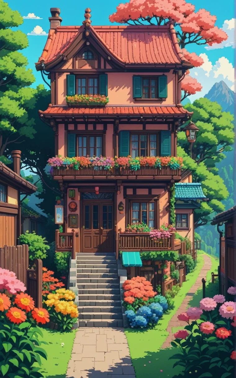 beautiful colorfully house, pixel art. ghibli style, cute anime, colorfully, flowers, nostalgic, exuberant, pixel art, minimalist drawing style