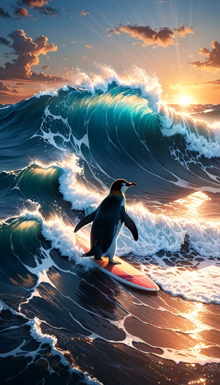 anime,(a penguin surfing on a surfboard on giant waves,perfect anatomy),wave,sunset,cinematic lighting,(masterpiece,8k,Professional,perfect composition,very aesthetic,absurdres,ultra-detailed,intricate details:1.2),perfect proportion,hand