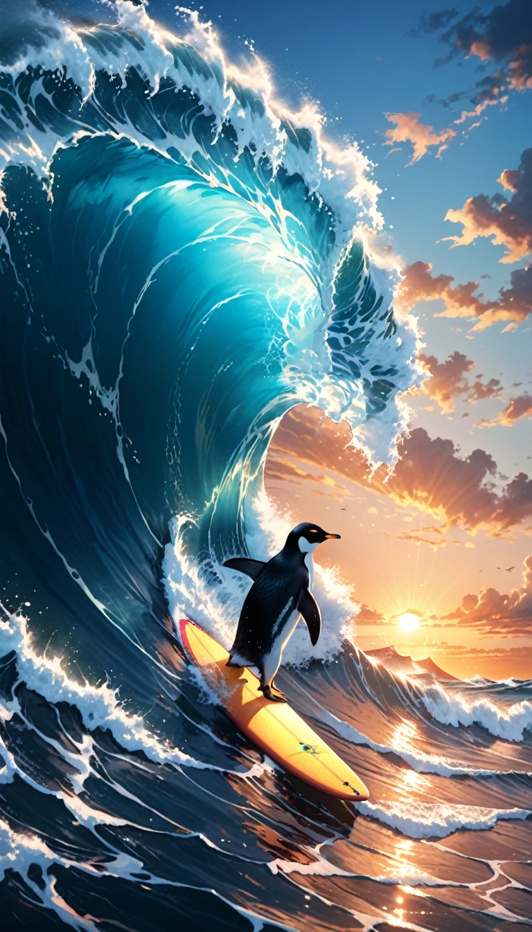 anime,(a penguin surfing on a surfboard on giant waves,perfect anatomy),wave,sunset,cinematic lighting,(masterpiece,8k,Professional,perfect composition,very aesthetic,absurdres,ultra-detailed,intricate details:1.2),perfect proportion,hand