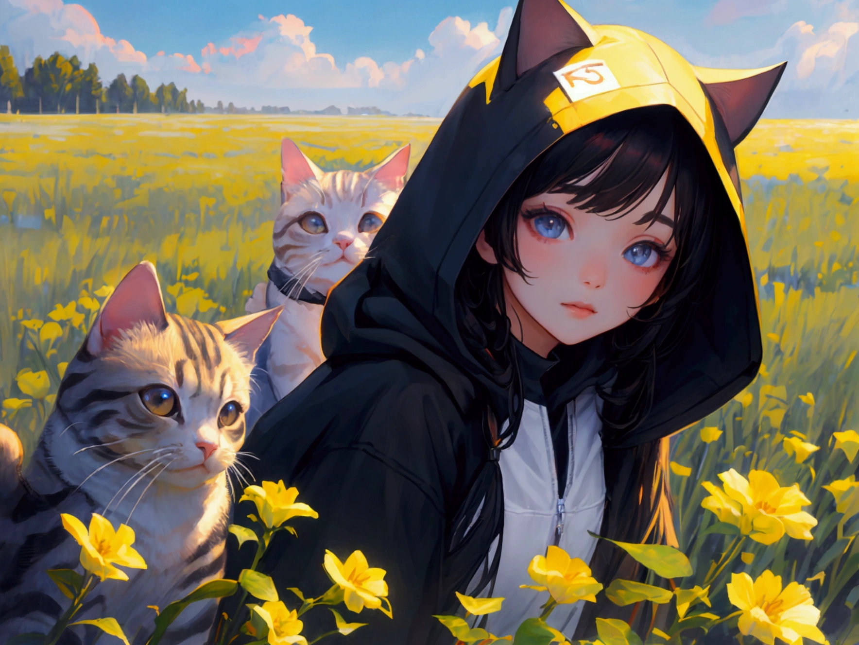 2 cute girls in hooded cat clothes, one girl with black hair and black clothes, another with blonde hair and white clothes, field of flowers in the background, best quality,4k,8k,highres,masterpiece:1.2,ultra-detailed,realistic,photorealistic,photo-realistic:1.37,HDR,UHD,studio lighting,ultra-fine painting,sharp focus,physically-based rendering,extreme detail description,professional,vivid colors,bokeh,portrait