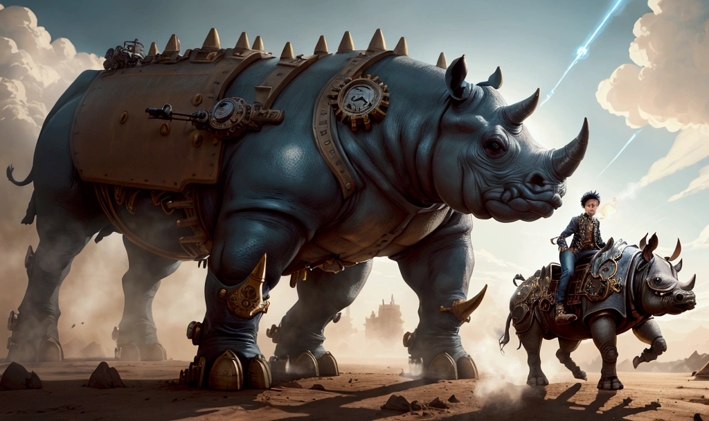 a boy with steam-punk clothes riding on the back of a giant angry rhino, the rhino running with motion blur, a glowing object in the boy's right hand, sunny weather, highly detailed, 4k, photorealistic, cinematic lighting, intricate gears and machinery, dynamic composition, dramatic atmosphere, chiaroscuro lighting