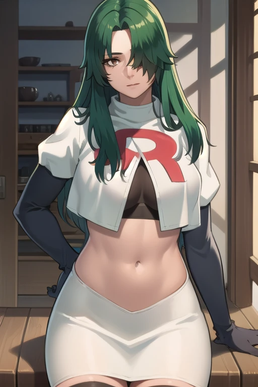 photorealistic, (4k), depth of field, (Masterpiece), (realistic skin texture), extremely detailed, intricate, hyper detailed, professional photography, bokeh, high resolution, sharp detail, best quality, woman, long hair, green hair, yellow eyes, hair covering one eye, team rocket,team rocket uniform,white skirt,red letter R,crop top,black thigh-highs,black elbow gloves, muscular female,