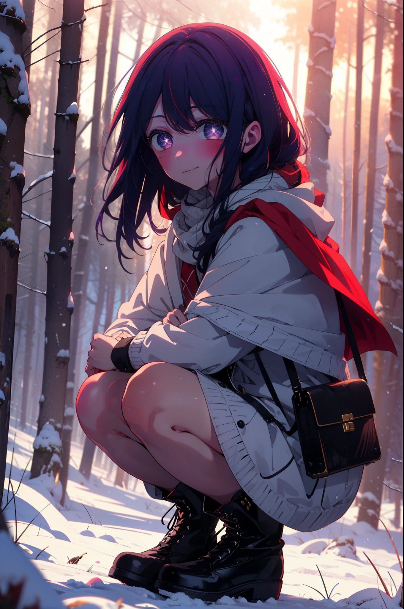 aihoshino, Ai Hoshino, Long Hair, bangs, (Purple eyes:1.1), Purple Hair, (Symbol-shaped pupil:1.5), smile,,smile,blush,white breath,
Open your mouth,snow,Ground bonfire, Outdoor, boots, snowing, From the side, wood, suitcase, Cape, Blurred, , forest, White handbag, nature, Squat, Mouth closed, Cape, winter, Written boundary depth, Black shoes, red Cape break looking at viewer, Upper Body, whole body, break Outdoor, forest, nature, break (masterpiece:1.2), Highest quality, High resolution, unity 8k wallpaper, (shape:0.8), (Beautiful and beautiful eyes:1.6), Highly detailed face, Perfect lighting, Extremely detailed CG, (Perfect hands, Perfect Anatomy),