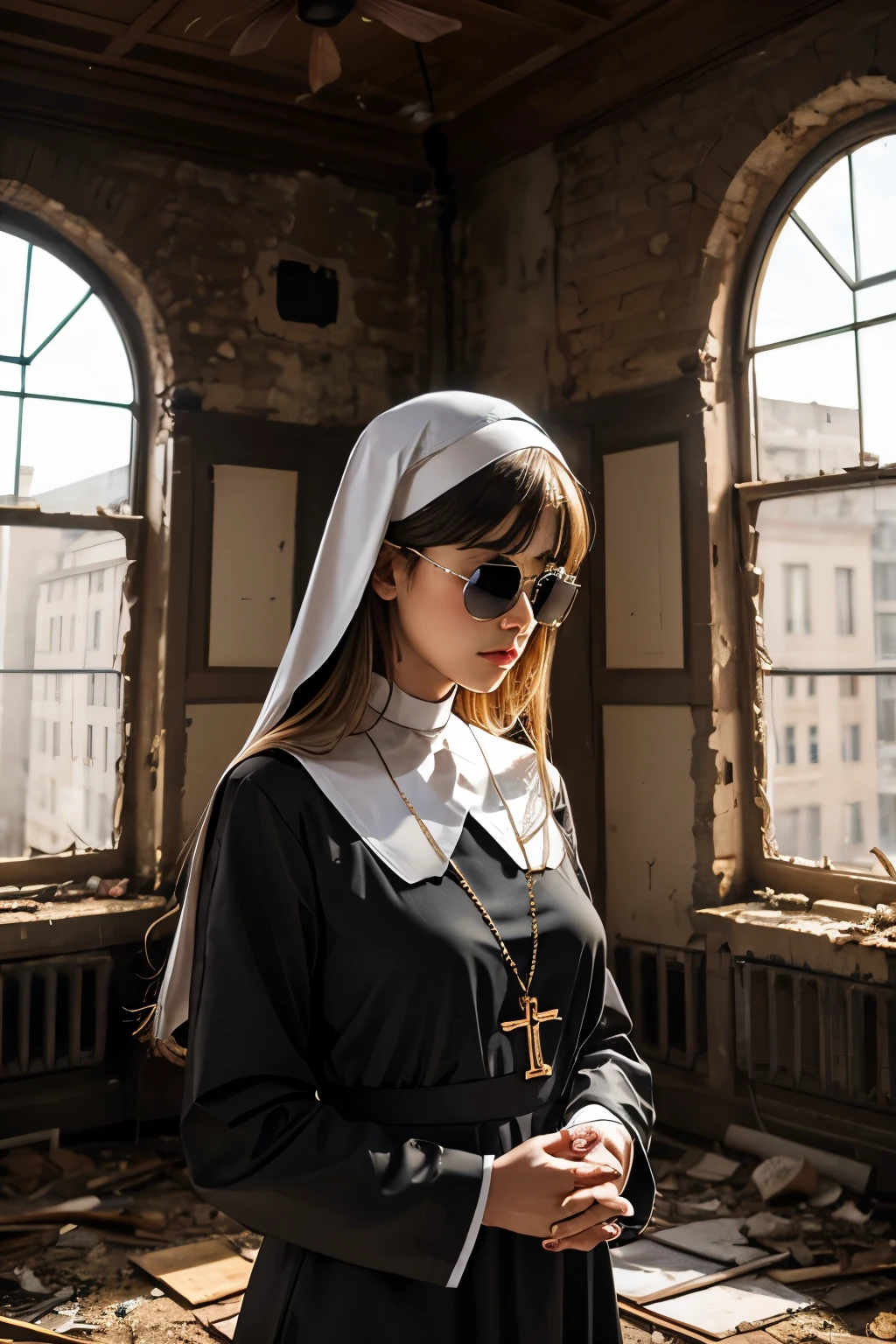 A holy and sweet nun in silver mirrored aviators hands together in prayer inside a desolate and broken dirty building with many rundown filthy beds, Solo, Portrait, Masterpiece, best quality, (Mirrored_Aviators), marika, queen marika, blonde hair, black dress, an14