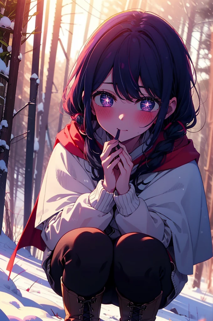 aihoshino, Ai Hoshino, Long Hair, bangs, (Purple eyes:1.1), Purple Hair, (Symbol-shaped pupil:1.5), smile,,smile,blush,white breath,
Open your mouth,snow,Ground bonfire, Outdoor, boots, snowing, From the side, wood, suitcase, Cape, Blurred, , forest, White handbag, nature, Squat, Mouth closed, Cape, winter, Written boundary depth, Black shoes, red Cape break looking at viewer, Upper Body, whole body, break Outdoor, forest, nature, break (masterpiece:1.2), Highest quality, High resolution, unity 8k wallpaper, (shape:0.8), (Beautiful and beautiful eyes:1.6), Highly detailed face, Perfect lighting, Extremely detailed CG, (Perfect hands, Perfect Anatomy),
