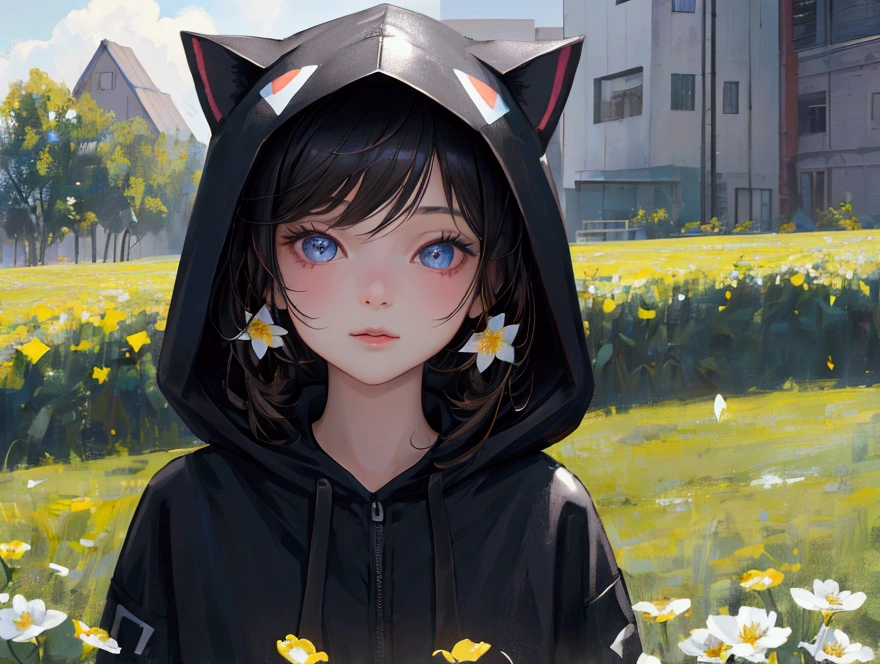 2 cute girls in hooded cat clothes, one girl with black hair and black clothes, another with blonde hair and white clothes, field of flowers in the background, best quality,4k,8k,highres,masterpiece:1.2,ultra-detailed,realistic,photorealistic,photo-realistic:1.37,HDR,UHD,studio lighting,ultra-fine painting,sharp focus,physically-based rendering,extreme detail description,professional,vivid colors,bokeh,portrait