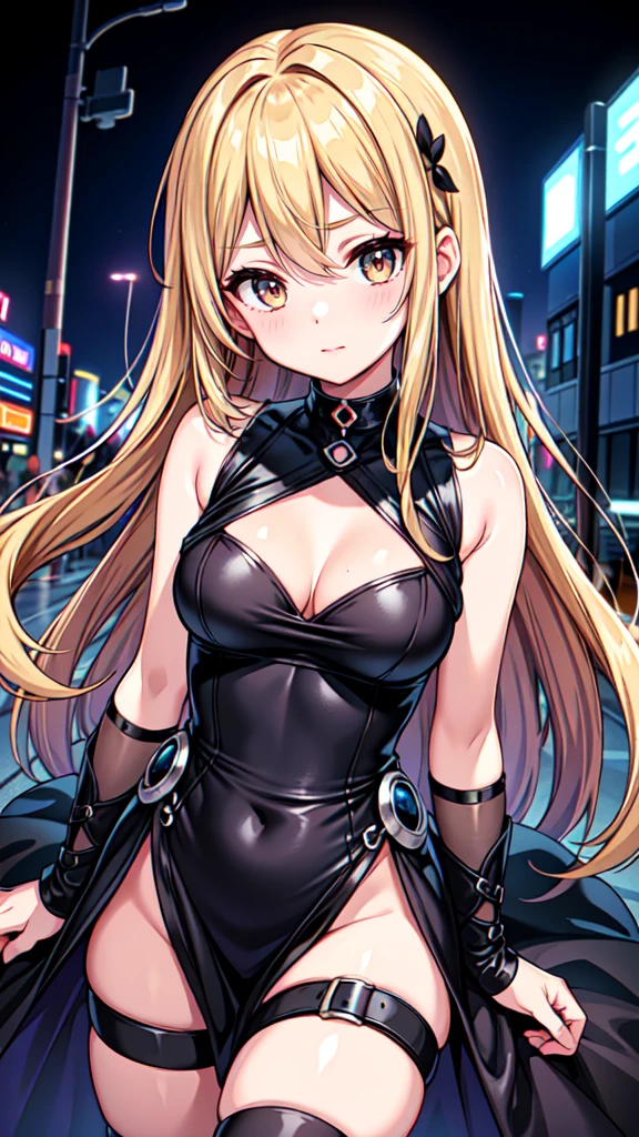 master piece , best quality , ultra detailed , woman , beautiful eyes , kawaii , cute , A black sleeveless dress edgy design shot in the city at night streetlights and neon lights background