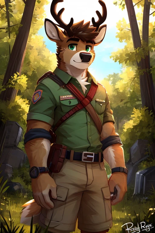 (great quality), deer, alone, detailed face, detailed body, 5 fingers, Detailed hands, green eyes, detailed eyes, short hair, 2 arms, brief, Whole body, brown fur, Posing, backwards, scout, half focus, flat bottom, In nature, por pache riggs