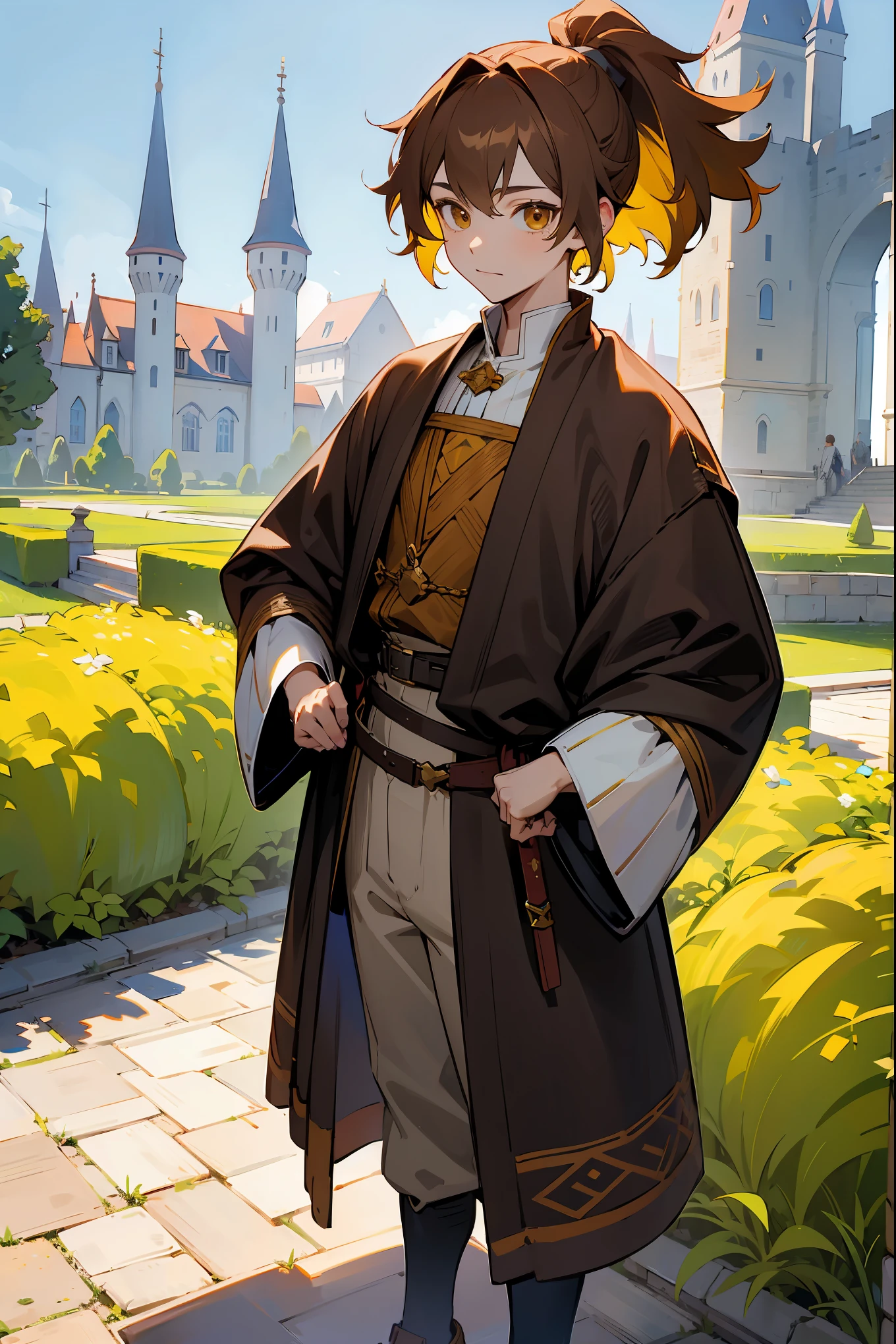 1male, Adult, Brown Eyes, Brown Hair, Inner Colored Yellow Hair, Multicolored Hair, Short Hair, Castle, Standing on Path, Sunny Day, Medieval Clothes, Ponytail