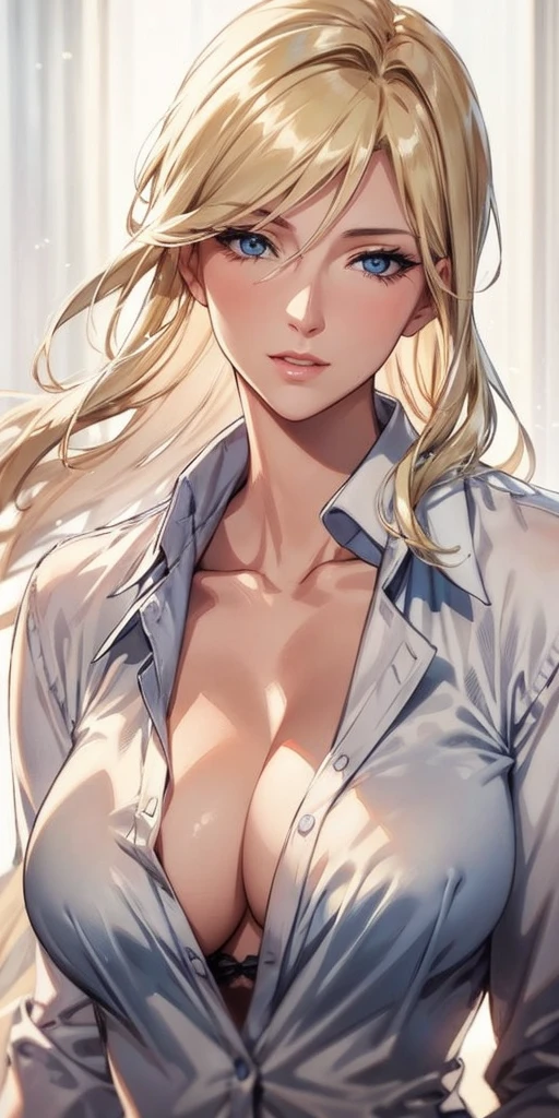 portrait, realistic, elegant mature woman, blue eyes, blonde hair, big breast, transparent shirt, see through nipple, 4k resolution, beautiful cg, soft light