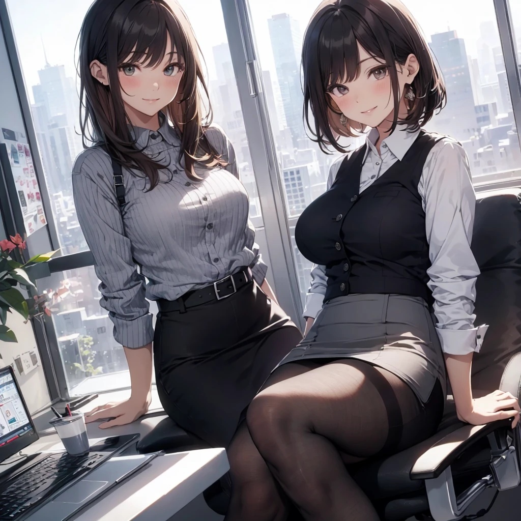 1lady sitting (crossed legs), office worker (stylish outfit), (gray vest) (pencil skirt), mature female, /(dark brown hair/) bangs, blush kind smile, (masterpiece best quality:1.2) delicate illustration ultra-detailed, large breasts, pantyhose BREAK (modern office indoors), window cityscape, detailed background