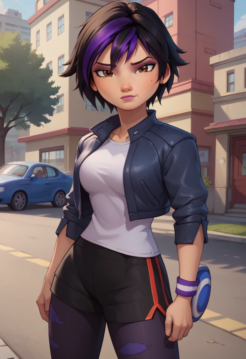 score_9, score_8_up, score_7_up, BREAK,gogotomago, 1girl, solo, short hair, black hair, jewelry, lo purple hair, bracelet, makeup, casual, cropped jacket, leggings, sleeves pushed up, capri pants, cowboy shot, brown eyes, looking at the viewer, large breasts,outdoors,city,