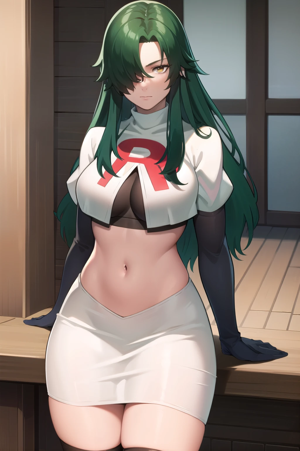 photorealistic, (4k), depth of field, (Masterpiece), (realistic skin texture), extremely detailed, intricate, hyper detailed, professional photography, bokeh, high resolution, sharp detail, best quality, woman, long hair, green hair, yellow eyes, hair covering one eye, team rocket,team rocket uniform,white skirt,red letter R,crop top,black thigh-highs,black elbow gloves, muscular female,