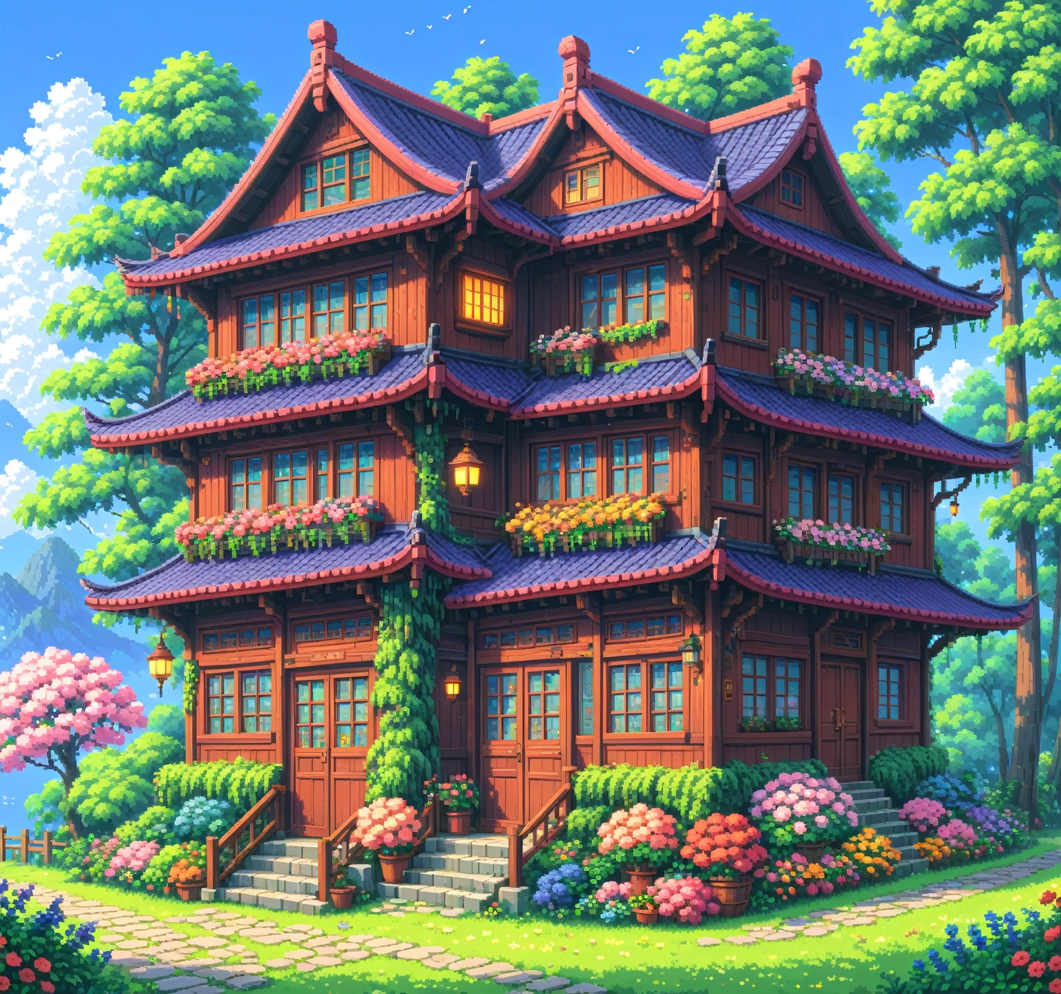 beautiful colorfully house, pixel art. ghibli style, cute anime, colorfully, flowers, nostalgic, exuberant, pixel art, minimalist drawing style