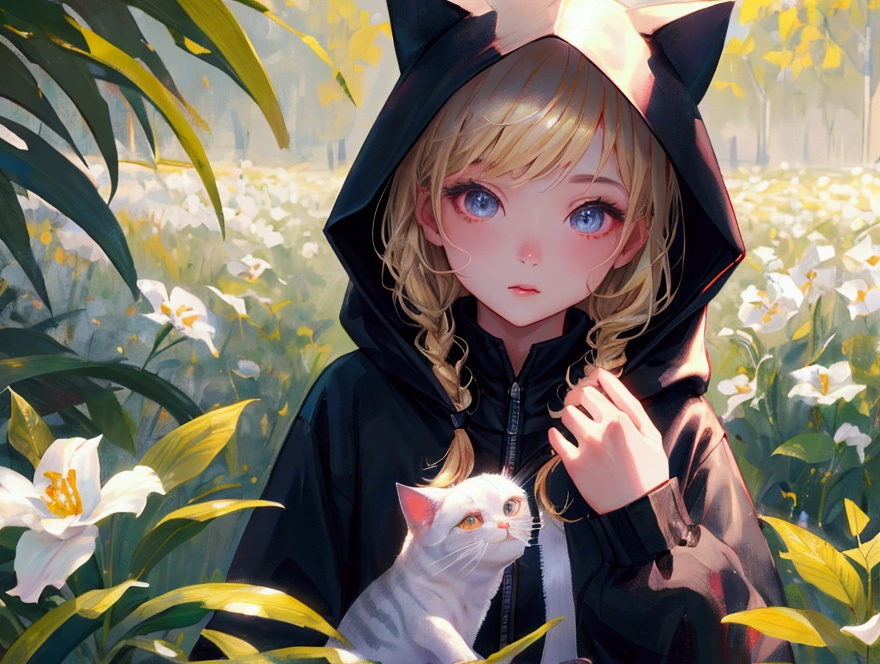 2 cute girls in hooded cat clothes, one girl with black hair and black clothes, another with blonde hair and white clothes, field of flowers in the background, best quality,4k,8k,highres,masterpiece:1.2,ultra-detailed,realistic,photorealistic,photo-realistic:1.37,HDR,UHD,studio lighting,ultra-fine painting,sharp focus,physically-based rendering,extreme detail description,professional,vivid colors,bokeh,portrait