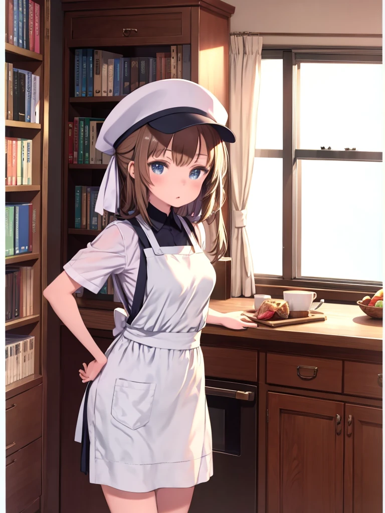 Anime girl wearing a kitchen apron and hat standing in front of a bookshelf
