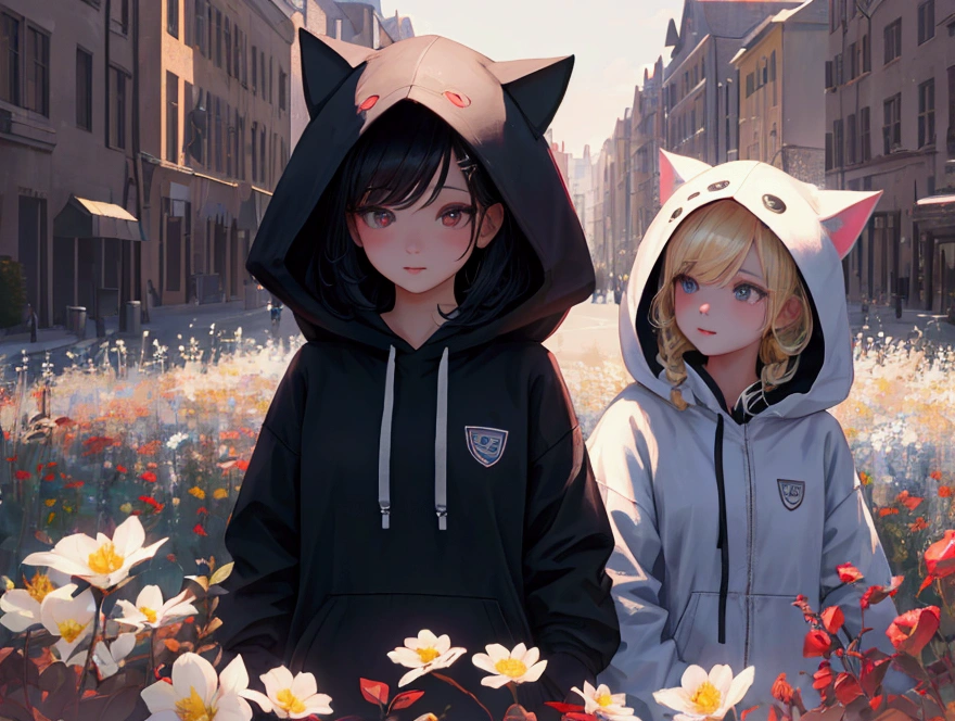 2 cute girls in hooded cat clothes, one girl with black hair and black clothes, another with blonde hair and white clothes, field of flowers in the background, best quality,4k,8k,highres,masterpiece:1.2,ultra-detailed,realistic,photorealistic,photo-realistic:1.37,HDR,UHD,studio lighting,ultra-fine painting,sharp focus,physically-based rendering,extreme detail description,professional,vivid colors,bokeh,portrait