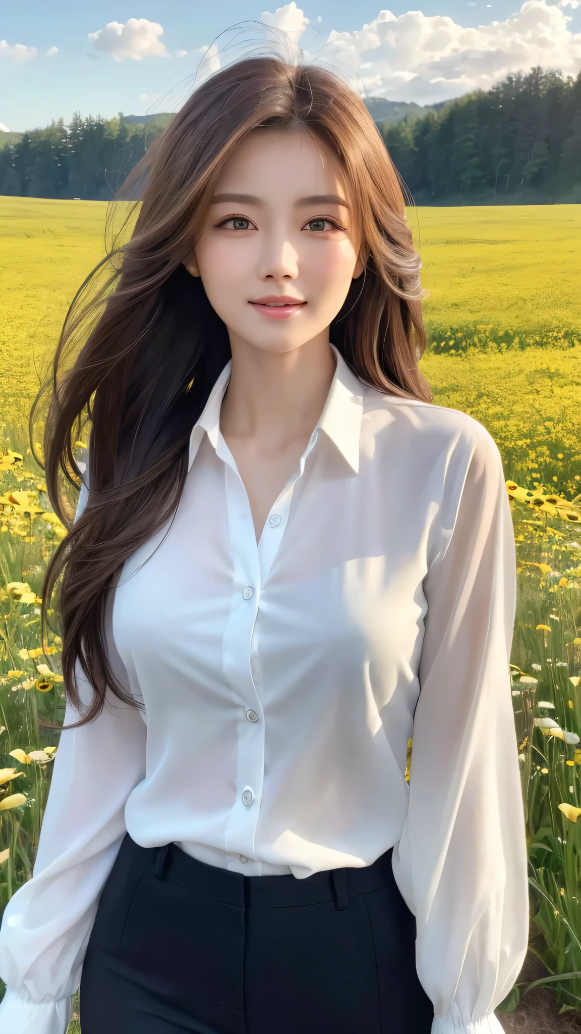 highest quality、genuine、Super detailed、finely、High resolution、8k wallpaper、one beautiful woman、、、light brown disheveled hair、wearing a business suit、sharp focus、perfect dynamic composition、beautiful and detailed eyes、thin hair、Detailed genuine skin texture、smile、model body shape、In a windswept meadow