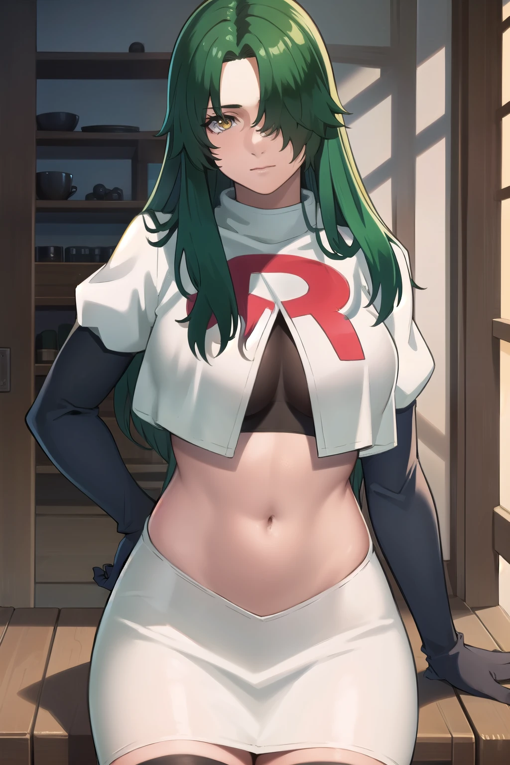 photorealistic, (4k), depth of field, (Masterpiece), (realistic skin texture), extremely detailed, intricate, hyper detailed, professional photography, bokeh, high resolution, sharp detail, best quality, woman, long hair, green hair, yellow eyes, hair covering one eye, team rocket,team rocket uniform,white skirt,red letter R,crop top,black thigh-highs,black elbow gloves, muscular female,