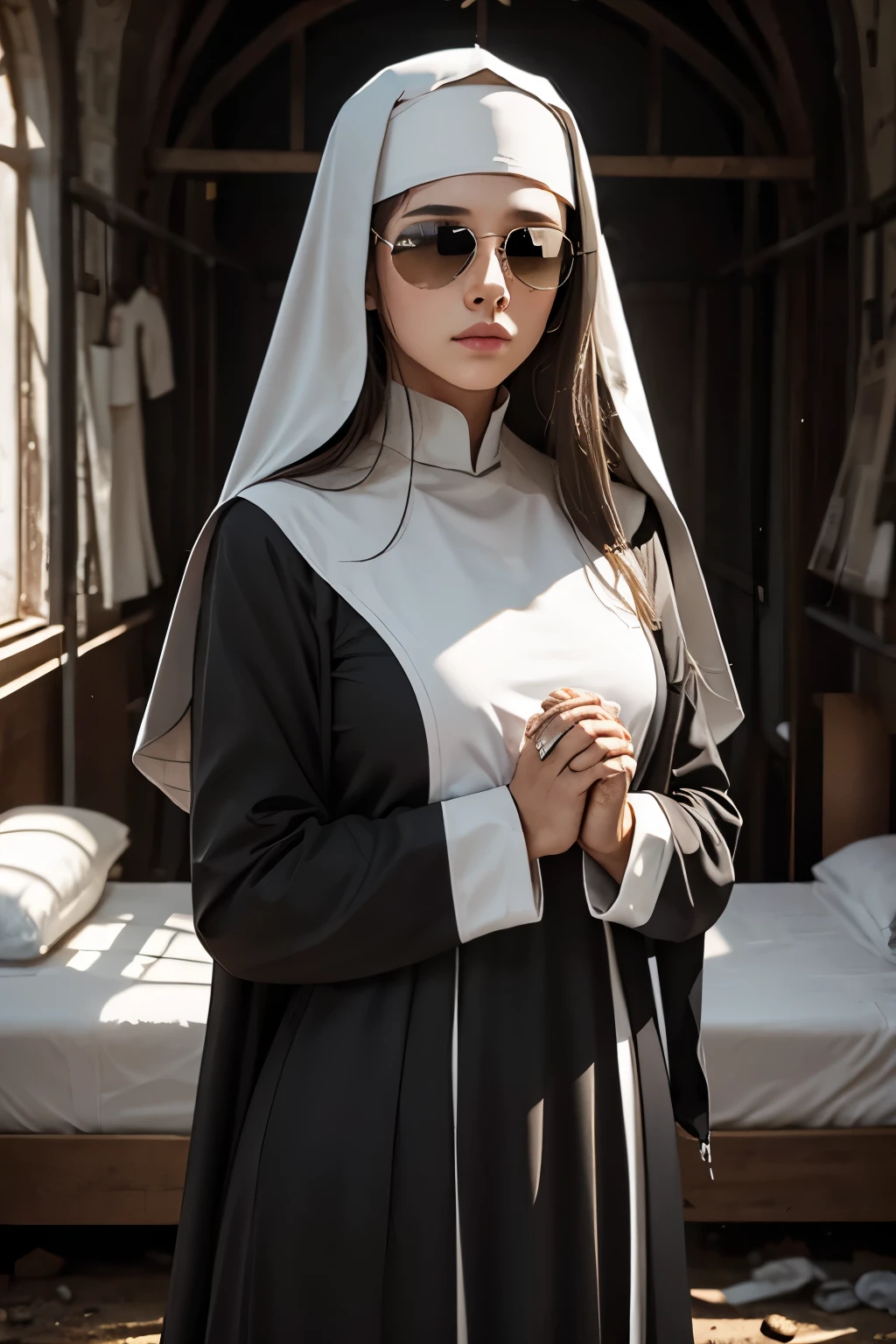 A holy and sweet nun in silver mirrored aviators hands together in prayer inside a desolate and broken dirty building with many rundown filthy beds, Solo, Portrait, Masterpiece, best quality, (Mirrored_Aviators), marika, queen marika, blonde hair, black dress, an14