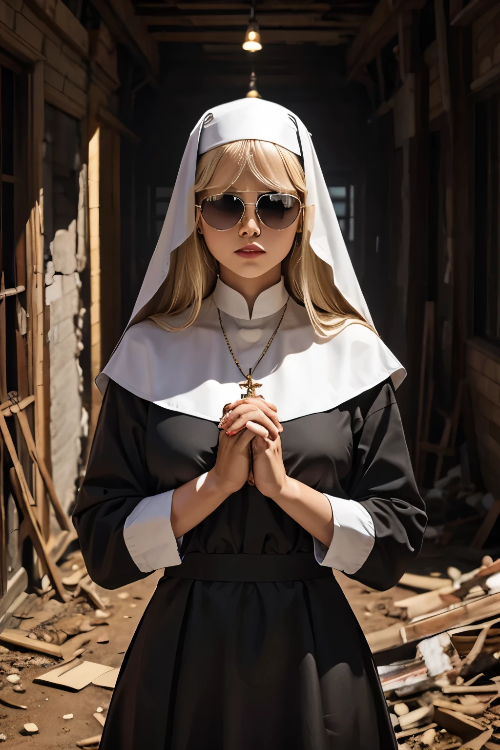 A holy and sweet nun in silver mirrored aviators hands together in prayer inside a desolate and broken dirty building with many rundown filthy beds, Solo, Portrait, Masterpiece, best quality, (Mirrored_Aviators), marika, queen marika, blonde hair, black dress, an14