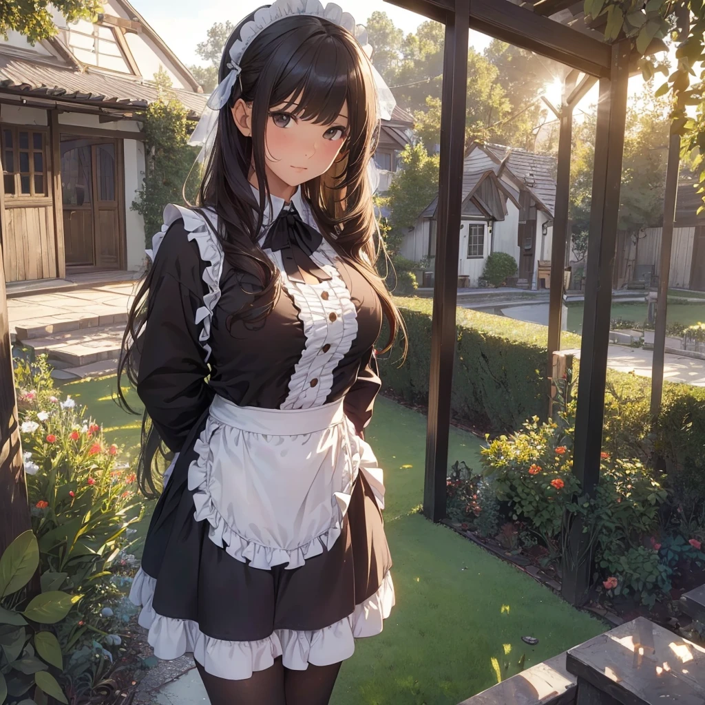 masterpieces,best quality,(ultra_detailed),3D,(realistic:1.9),(photorealistic:1.9),(light falloff at edges:1.9),shallow depth of field,sensual girl,in garden,at morning,western‐style house in the background,plump,(brown _pantyhose,)wavy long hair,built bangs,drooping eyes,wide-set eyes,lovely round eyes,looking away,round face, (maid costume),