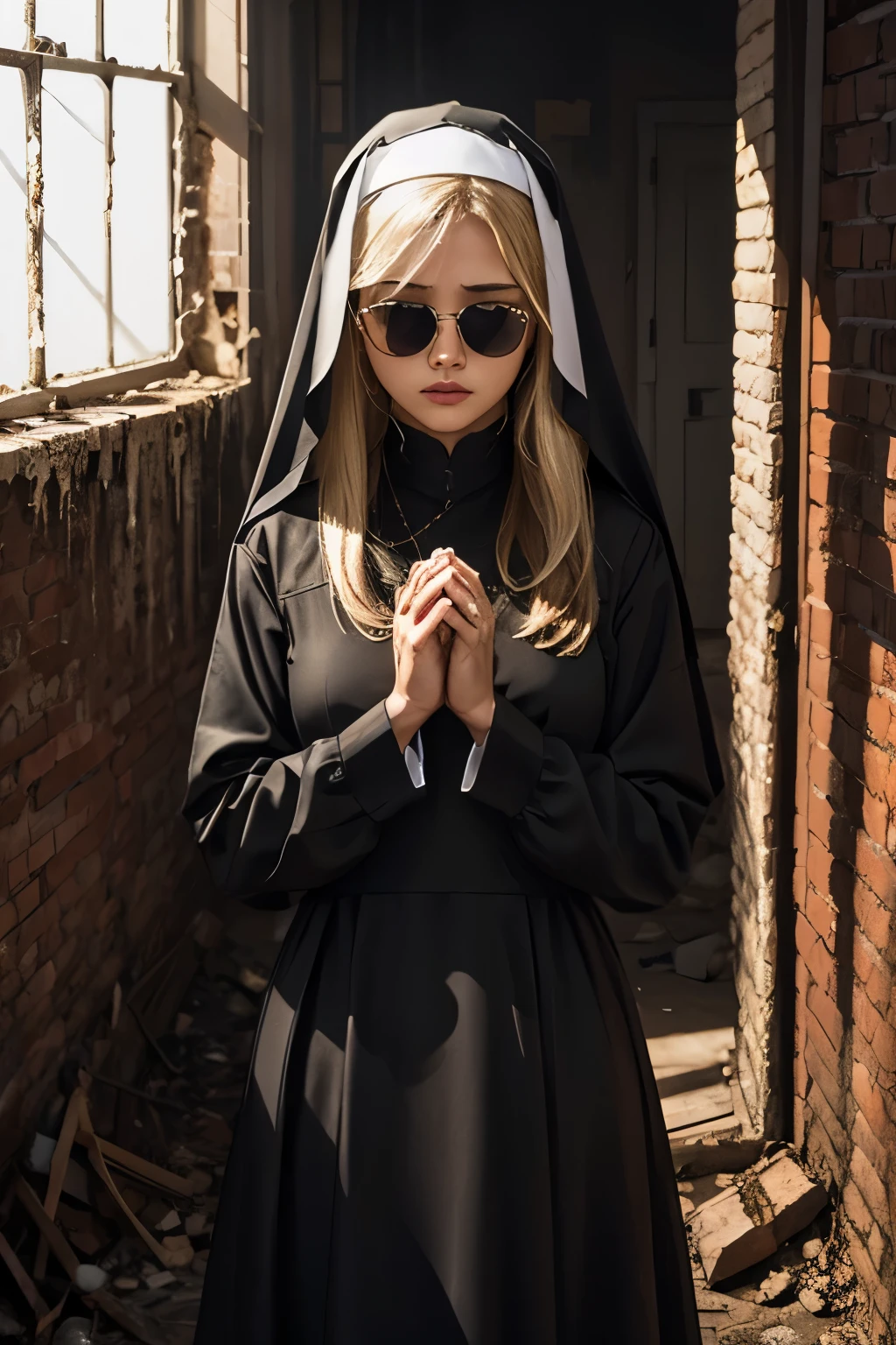 A holy and sweet nun in silver mirrored aviators hands together in prayer inside a desolate and broken dirty building with many rundown filthy beds, Solo, Portrait, Masterpiece, best quality, (Mirrored_Aviators), marika, queen marika, blonde hair, black dress, an14