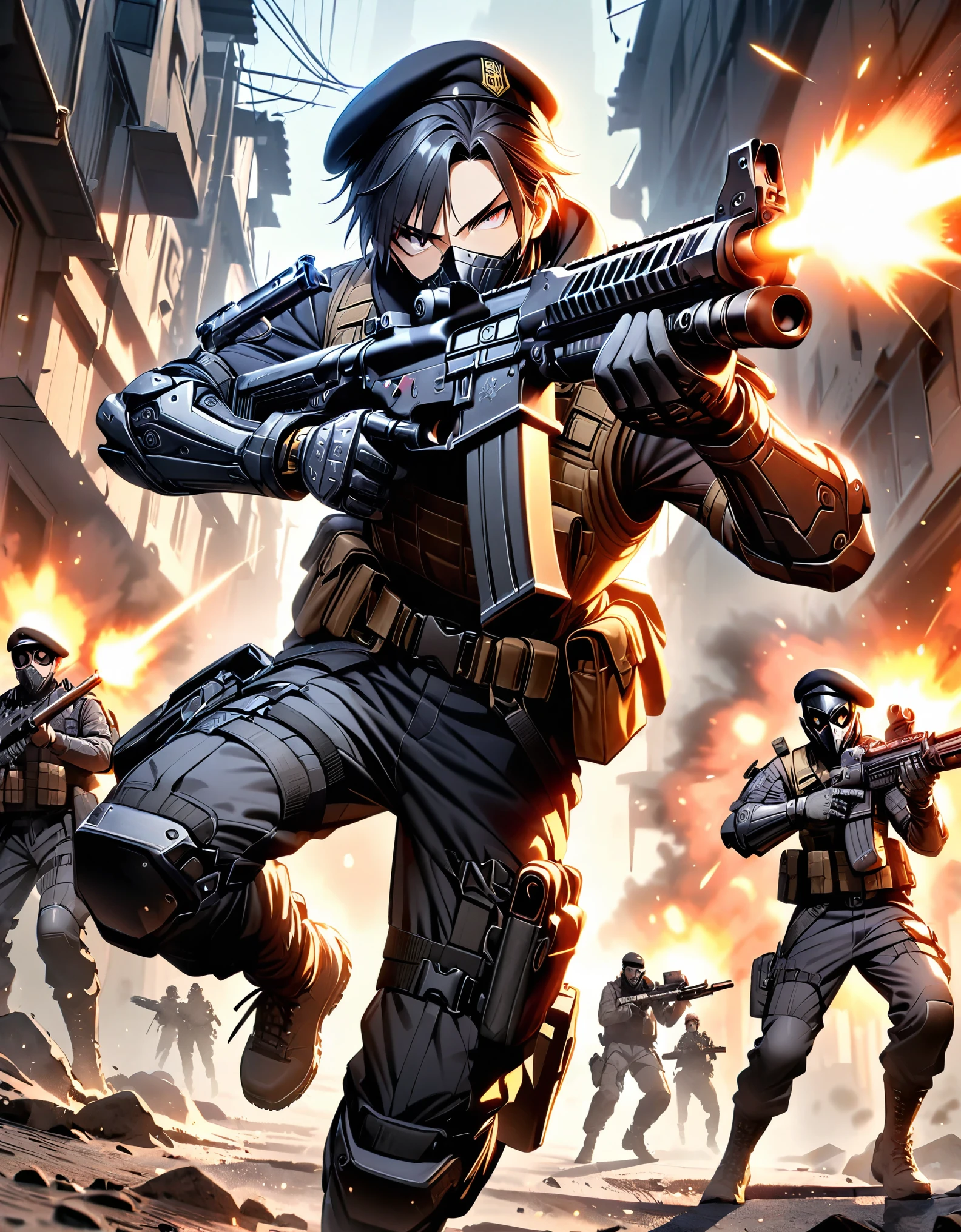 masterpiece, best quality, 1boy, male focus, age 23-29, japanese, belt, beret, black hair, medium hair, bottleneck bangs, braid, hazel eyes, gloves, gun, hat, mask, military, black tactical uniform, mouth mask, pants, combat boots, (mechanical, mechanical arm, weapon, firing weapon, right arm cannon), assault rifle, solo, solo focus, black tactical mask, tactical vest, drop-down pistol holster, snowy war zone, serious, dynamic action pose, serious, danger atmosphere, full body with costume