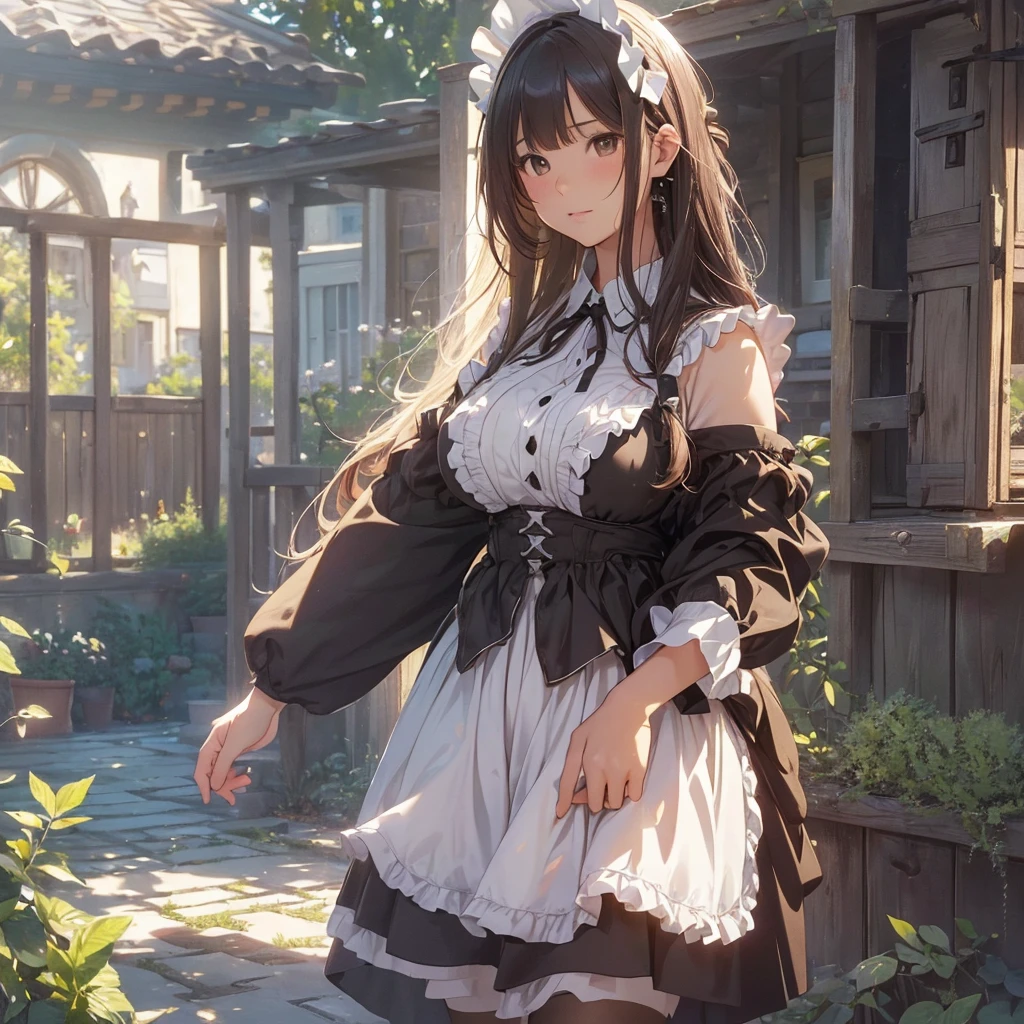 masterpieces,best quality,(ultra_detailed),3D,(realistic:1.9),(photorealistic:1.9),(light falloff at edges:1.9),shallow depth of field,sensual girl,in garden,at morning,western‐style house in the background,plump,(brown _pantyhose,)wavy long hair,built bangs,drooping eyes,wide-set eyes,lovely round eyes,looking away,round face, (maid costume),