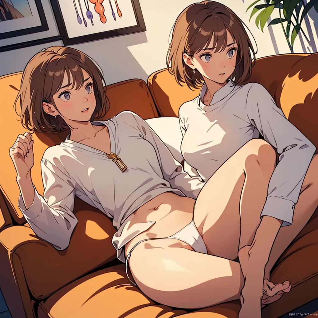 masterpiece,(Perfect Anatomy:1.5), pov, highest quality, a lady , slender, leggy, Seductive, short hair, brown hair, (wear a white long sleeved shirt:1.5), white bikini panties , Perfect hands, Perfect body, reclining, lying on a sofa, throw her legs over the sofa, leg up , shirt lift, (barefoot), looking away, ((Exquisite detail)), Very finely crafted fingers(((10 fingers))), (((two legs))), (full body showcase), (Show your whole body), (no background), (No logo) , high resolution, see her private part , telephoto lens, parted lips,