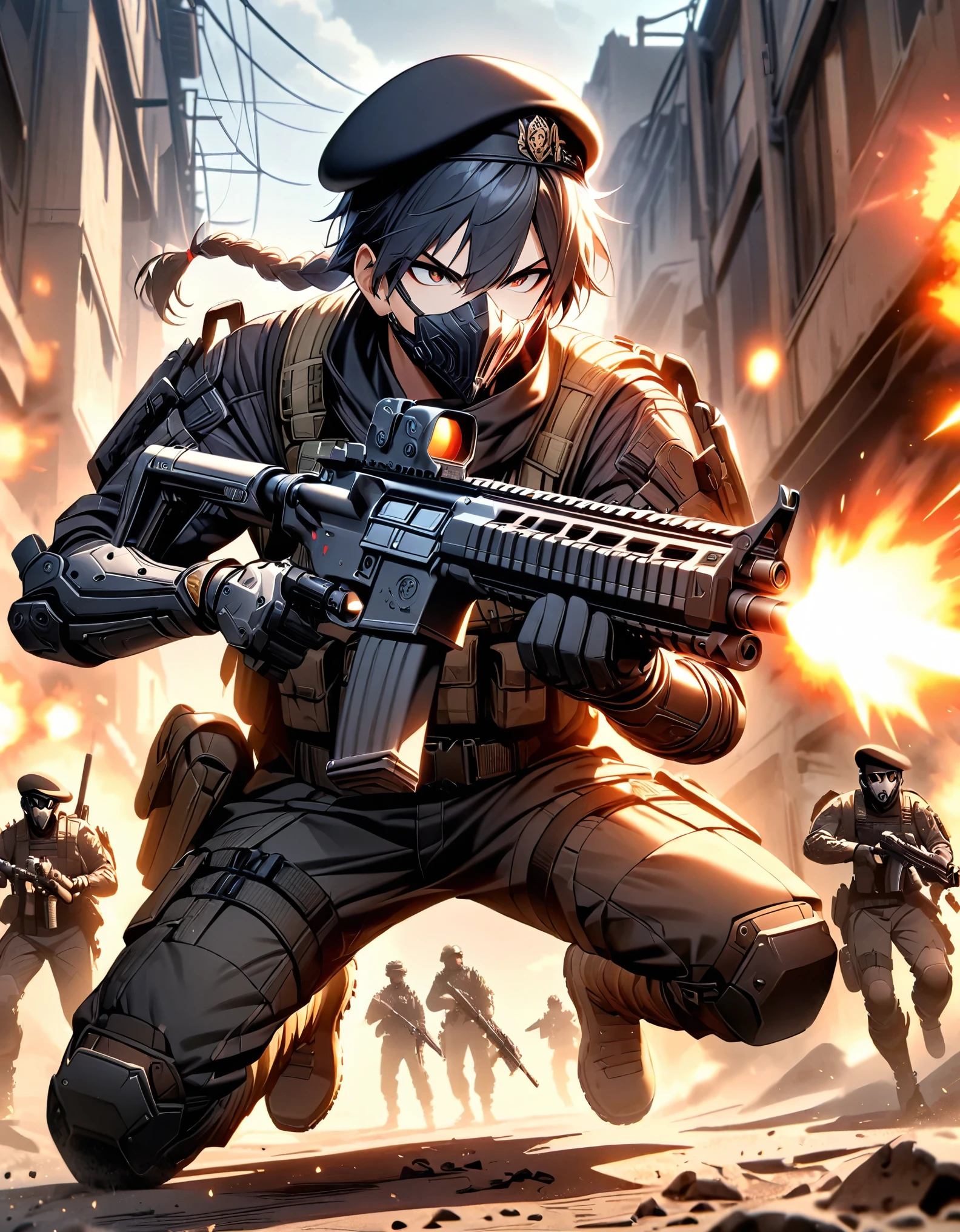 masterpiece, best quality, 1boy, male focus, age 23-29, japanese, belt, beret, black hair, medium hair, bottleneck bangs, braid, hazel eyes, gloves, gun, hat, mask, military, black tactical uniform, mouth mask, pants, combat boots, (mechanical, mechanical arm, weapon, firing weapon, right arm cannon), assault rifle, solo, solo focus, black tactical mask, tactical vest, drop-down pistol holster, snowy war zone, serious, dynamic action pose, serious, danger atmosphere, full body with costume