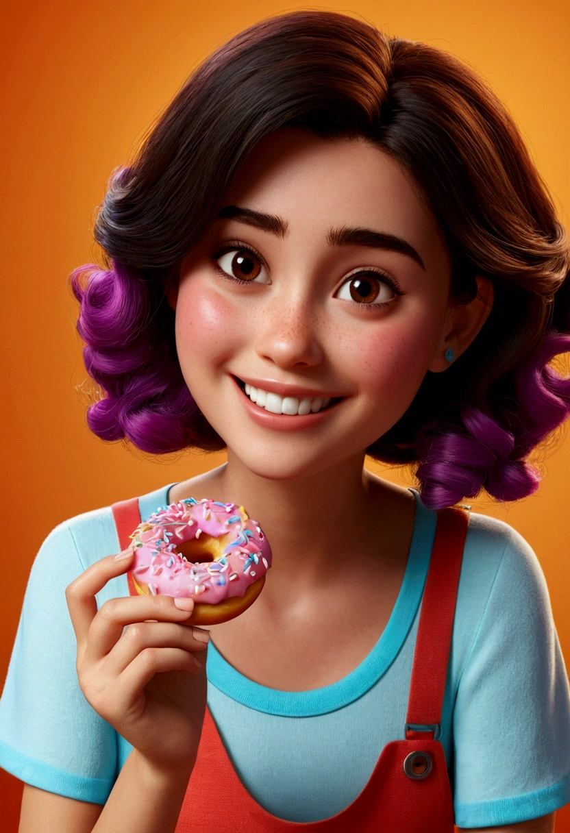 Imagem estilo pixar com personagem 3D brancos morena mulher cabelo curto ondulado comendo mini donuts e olhando para frente, Disney makeup, cute, smiling ,close up, pixar, Disney, Cinema lighting,