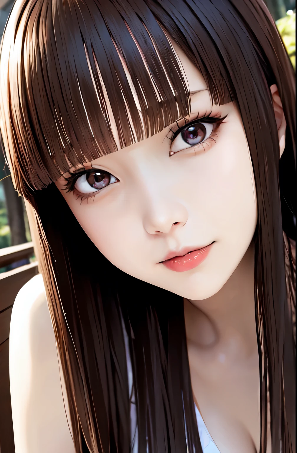 （In 8K, Highest quality, The pieces fly:1.2)、Ultra-high resolution、1 20-year-old gravure model,Highly detailed face,Detailed eyes,Brown eyes,Glitter makeup,Face Focus,,break,Black Hair,Straight hair、,Hime cut,break,(RAW Photos),Outdoor