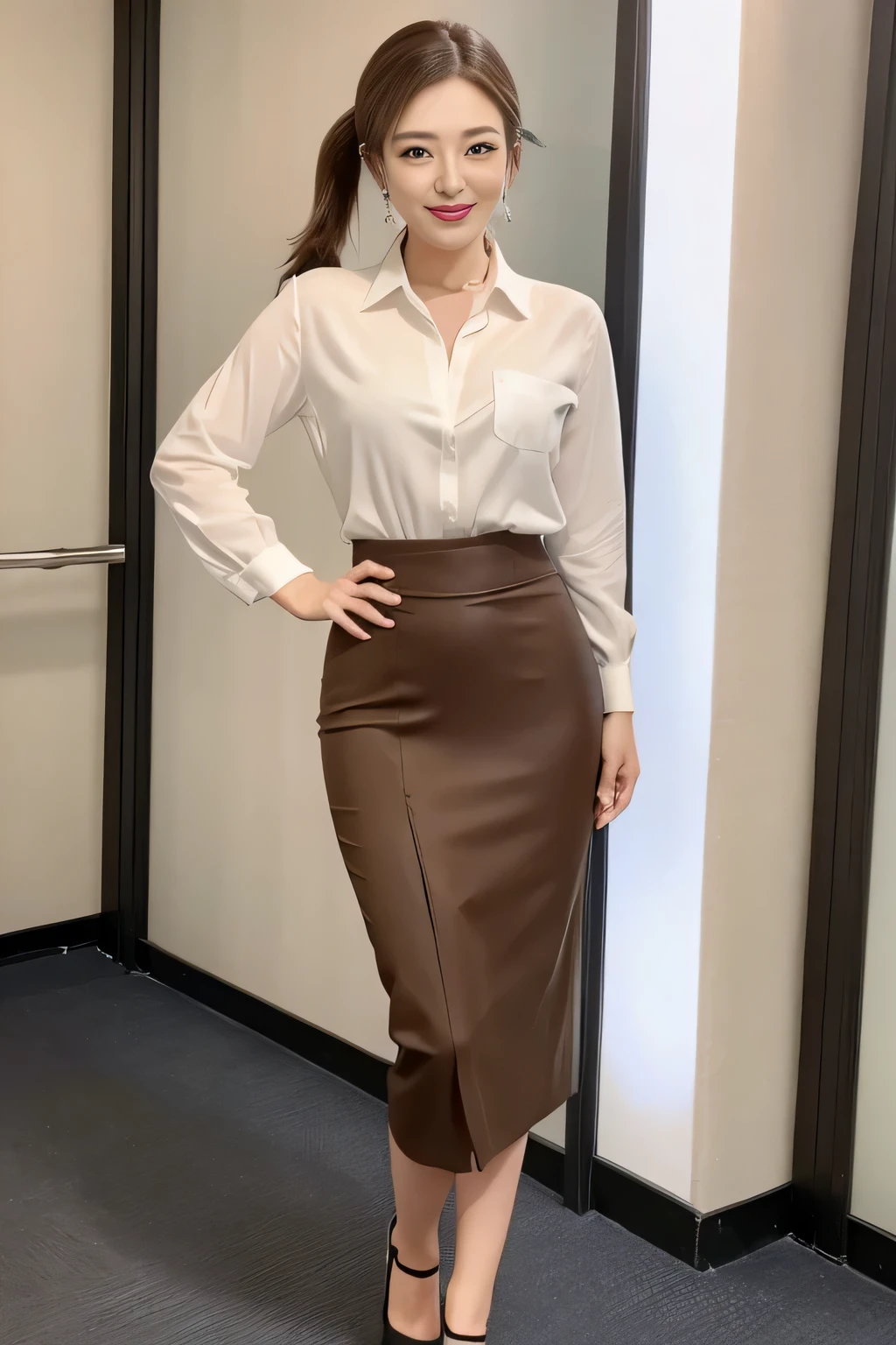 A Japanese woman, 28-years-old, light brown hair, low ponytail, hair slicked back, rimless eyewear, earrings, light smile, business suit、Maxi pencil skirt、pumps、Full body photo、Detailed face、Detailed eyes、Perfect Makeup、