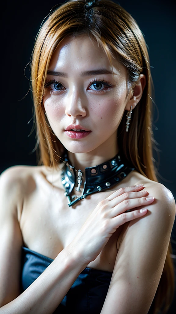 8k、High resolution、Punk Fashion、beautiful girl、Android Body、young、White skin,、Narrow eyes,High nose,Face lighting、Clear images、Intellectual beauty、skinny、No makeup、Anxious expression、Face lighting,Shiny Hair、single eyelid,blue eyes