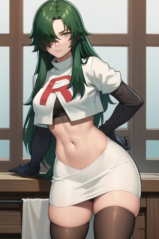 photorealistic, (4k), depth of field, (Masterpiece), (realistic skin texture), extremely detailed, intricate, hyper detailed, professional photography, bokeh, high resolution, sharp detail, best quality, woman, long hair, green hair, yellow eyes, hair covering one eye, team rocket,team rocket uniform,white skirt,red letter R,crop top,black thigh-highs,black elbow gloves, muscular female,