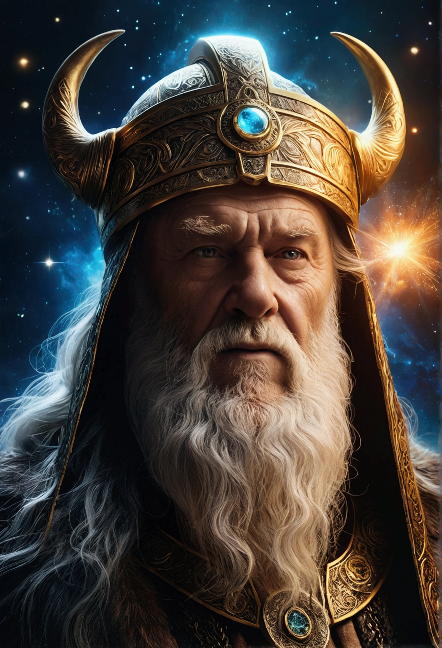 super high resolution, best quality, photo, 16k, (photorealistic: 1.2), cinematic lighting, face of an old man shaped like the mythical god Odin. Depict the god Odin, enveloped in a radiant aura. Show it against a cosmic backdrop, glittering and floating, surrounded by the splendors of the universe. Pay meticulous attention to stunning detail and reach K resolution for an immersive and lifelike visual experience. Let your work capture the essence of myth and wonder, leaving viewers in awe of its beauty and power.
