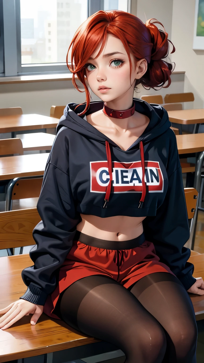 1 girl, Red hair, updo hairstyle, strands of hair on the face, Eyes red, large hooded sweatshirt, tummy, hot pants, pantyhose, laced pantyhose, bags under the eyes, sitting down, cafeteria, ground angle shot, spectator looking up, feet in pantyhose, saggy breasts, chocker, Raw photo, 8k, Masterpiece artwork,
