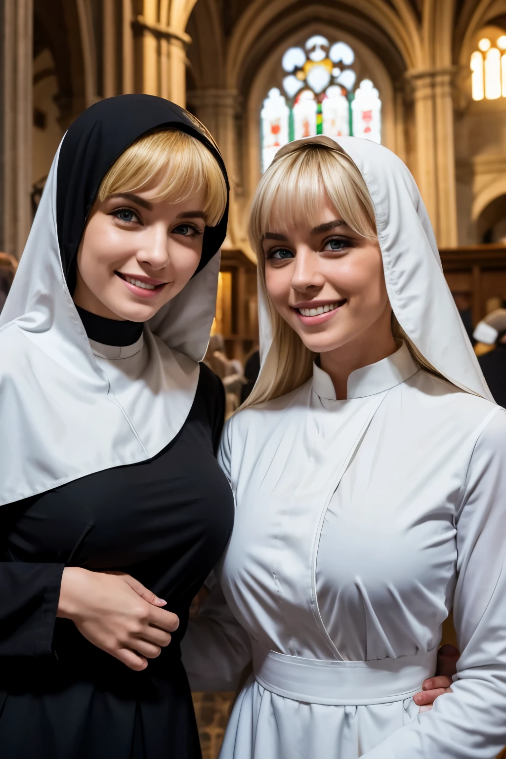 Two beautiful Italian girls、Blonde Hair、With bangs、Green Eyes、Smiling with teeth showing、Beautiful breasts、The body is slim、Monastic uniform、Nuns、Standing cuddly、In the church