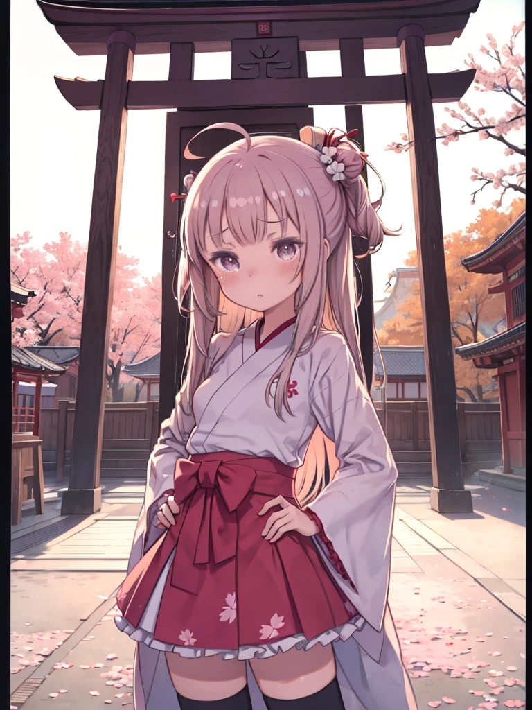score_9, score_8_Excellent, sauce_anime, One Girl, alone, Miko Base, Long Hair, Ahoge, one side Excellent, Hair Bell, Cherry blossom print, Non-traditional Shrine Maiden, Frills, Single knee socks, Bridal Garter, Hands on hips, Outdoor, shrine, cry, Cowboy Shot, tears
