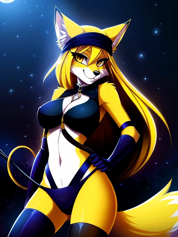 by fluff-kevlar, by ouka, by Kilinah, (((woman, breasts, antrum, extremely detailed, extremely detailed legs, extremely detailed arms, extremely detailed face, perfectly detailed eyes, perfectly detailed anatomy))): 1.2, beautiful and detailed portrait of an anthropomorphic vixen ((female))), anthro, female, fox, high definition, good anatomy, yellow fur, yellow body, simple background, highly detailed face, deep yellow iris, yellow eyes, yellow hair, long hair, dark lighting, moody lighting, full body, sexy body, slanky body, sexy face, nice, hot, cute, night, blushing, friendly smile, smile, friendly, elegant, dark, mysterious, alluring, beautiful, thigh highs, chest wear, covered chest, underwear, hand on hip, sassy pose, whip, holding a whip, seductive pose