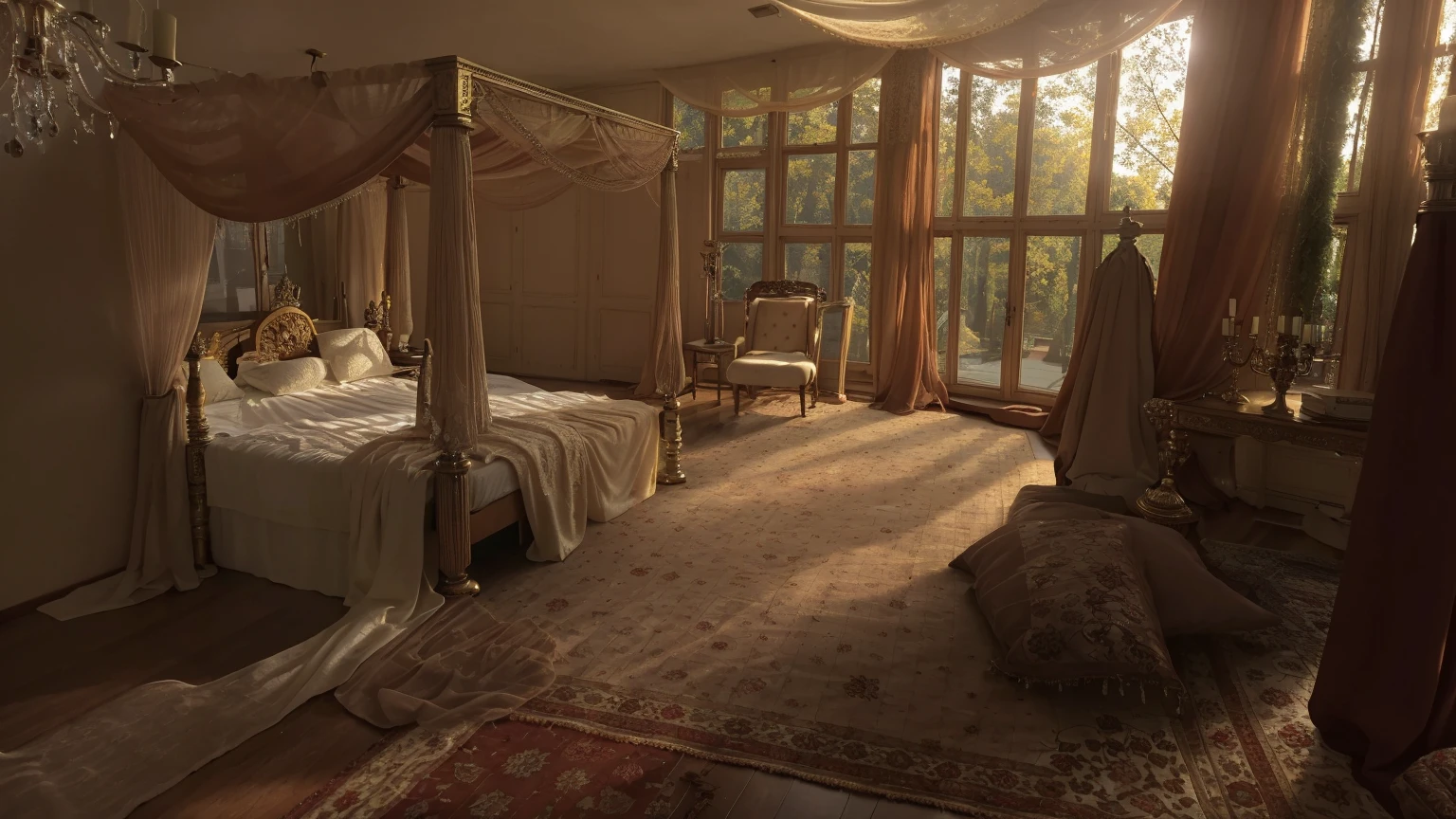 The whole room exudes a noble and elegant atmosphere,Exudes luxury and sophistication down to every detail。 Sunlight shines through the soft fleece blanket window,Bring a warm glow to the room。The floor underfoot is covered with a soft and delicate carpet,You can feel the comfort of the soles of your feet with each step。Huge and ornate decorative paintings hang on the walls,Painted with delicate flowers and gorgeous landscapes,Exudes an artistic touch。 The bed is the heart of this room,It is spacious and luxurious,Padded with golden silk bedding。At the head of the bed there is a delicate night light,Warm and soft light makes the whole room look more attractive。On the nightstand next to the bed、There was a glass of champagne and a hardcover book,It gives you a little relaxation and fun。 There is a wide floor-to-ceiling mirror facing the bed.,The mirror is surrounded by delicate ornaments,Corner of the room々Reflected up to。Next to the mirror is a respectable dresser,A precious jewel-encrusted cosmetic box and perfume bottle are placed on it,It's a person々Makes you feel infinitely gorgeous in。 There are comfortable lounge chairs in the corner of the room,There is a small coffee table next to it,Lined with delicate tea sets and fresh fruit。a person々There is a corner where you can relax and rest.,Enjoy moments of peace and serenity here。 The whole room is filled with a light aroma,Is it a flower from the room?、I don't know if it's high-class aromatherapy。Meticulous decoration、Luxurious furniture and luxurious furniture are all、Shows the pursuit of taste and comfort of the owner。 In this luxurious bedroom,You feel infinite dignity and grace,Exudes luxury and luxury in every detail,It makes you feel like you're in a dream world