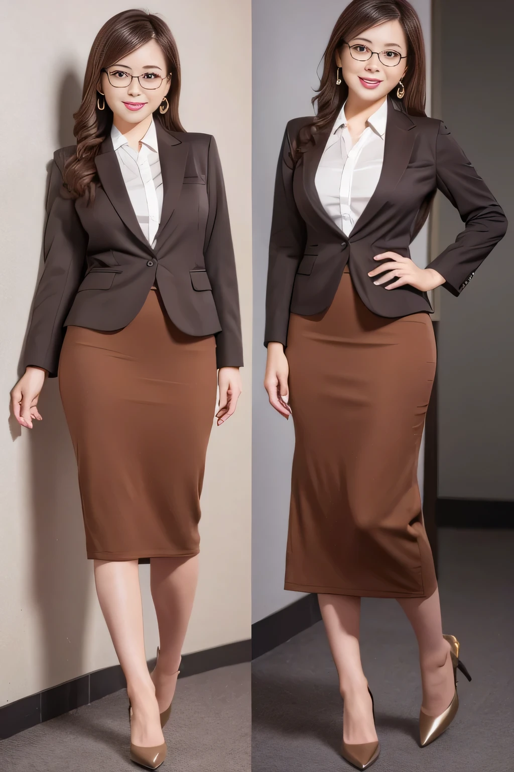 A Japanese woman, 28-years-old, light brown hair, rimless eyewear, earrings, light smile, business suit、Maxi pencil skirt、pumps、Full body photo、Detailed face、Detailed eyes、Perfect Makeup、