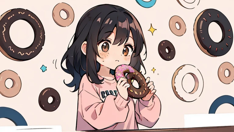 A girl with black hair and brown eyes, with freckles on the face and fair skin, in a pink sweatshirt eating several donuts, and a wall with donuts drawn on it