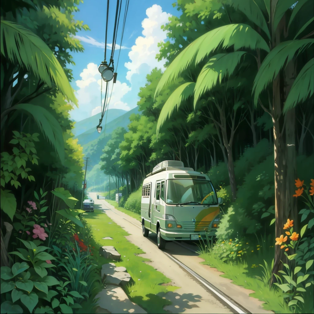 Q version、Manga style、motorhome、nature、trip、road、Glass