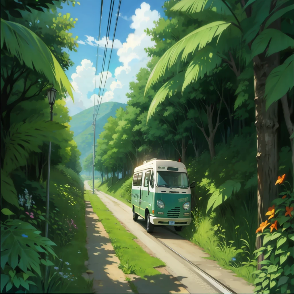 Q version、Manga style、motorhome、nature、trip、road、Glass