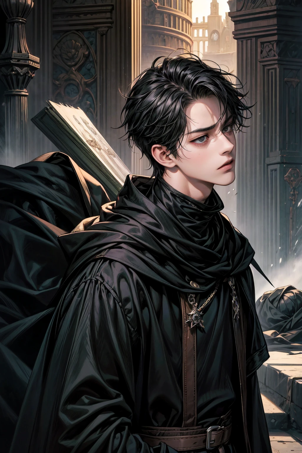 best quality,masterpiece,ultra detailed,Add layer,slim,1 boy,
DEATH NOTE,L,20 years old,
sanpaku,mob eyes,black eyes, bags under eyes.looking up,
Short hair,hairs between eyes,swept bangs,black hair,tired hair,
poor cloak,
slouching,wilderness traveler,