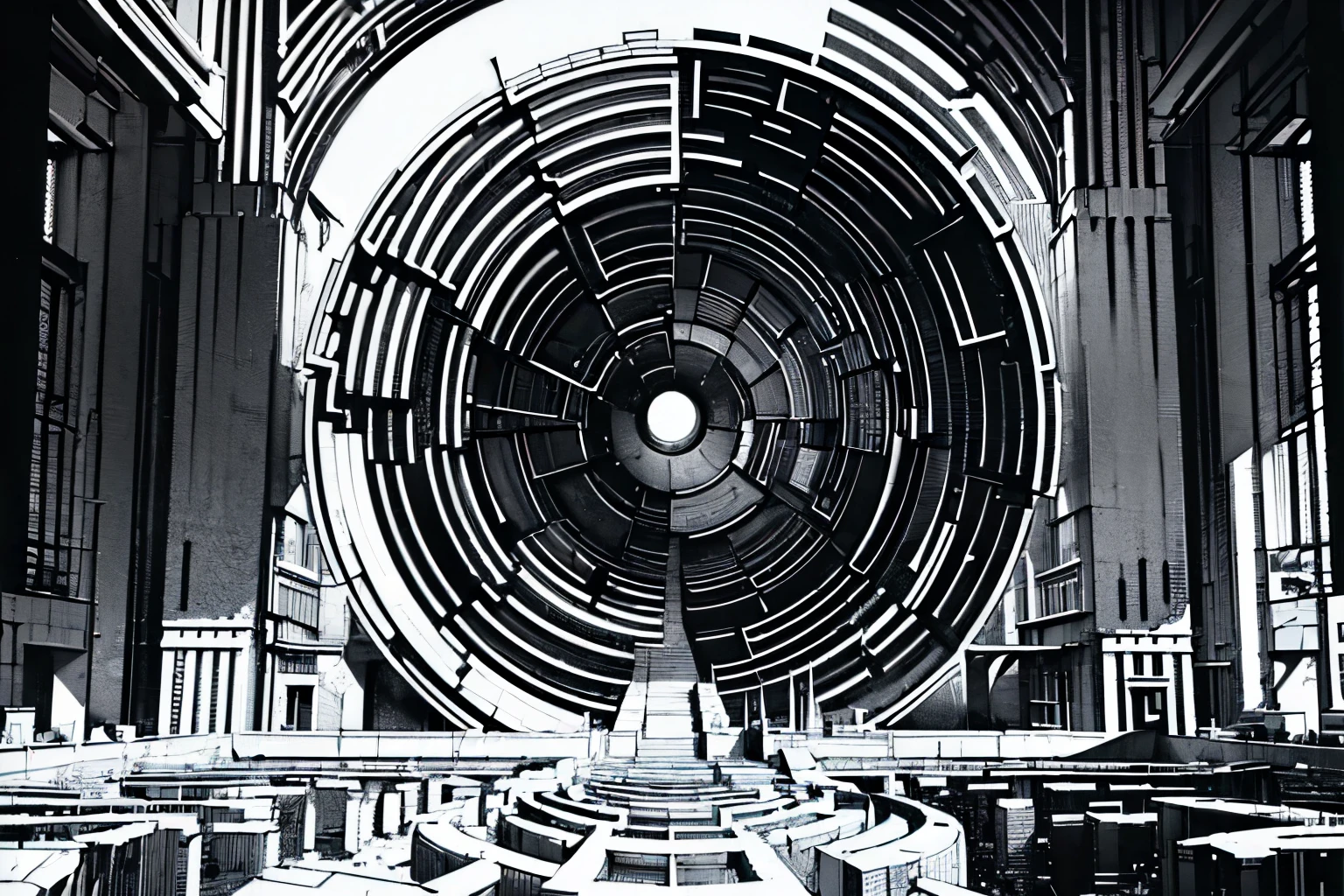 ((best quality)), ((masterpiece)), (detailed), (best quality,4k,8k,highres,masterpiece:1.2),ultra-detailed,(realistic,photorealistic,photo-realistic:1.37),complex intricate architectural structures,Escher style building,surreal urban cityscape,impossible geometry,gravity-defying architecture,abstract pattern complexity,striking visual illusion,mesmerizing maze-like design,dreamlike architectural elements,intricate three-dimensional tessellations,optical illusion buildings,incredible depth perception,hypnotizing architectural labyrinth,surreal and mind-bending cityscape,intricately intertwined structures, black and white, grey scale